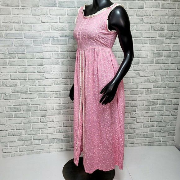 Vintage 80s 90s Pink Linen Cottagecore Prairie Sun Dress Sheer Floral Pattern - Picture 5 of 10